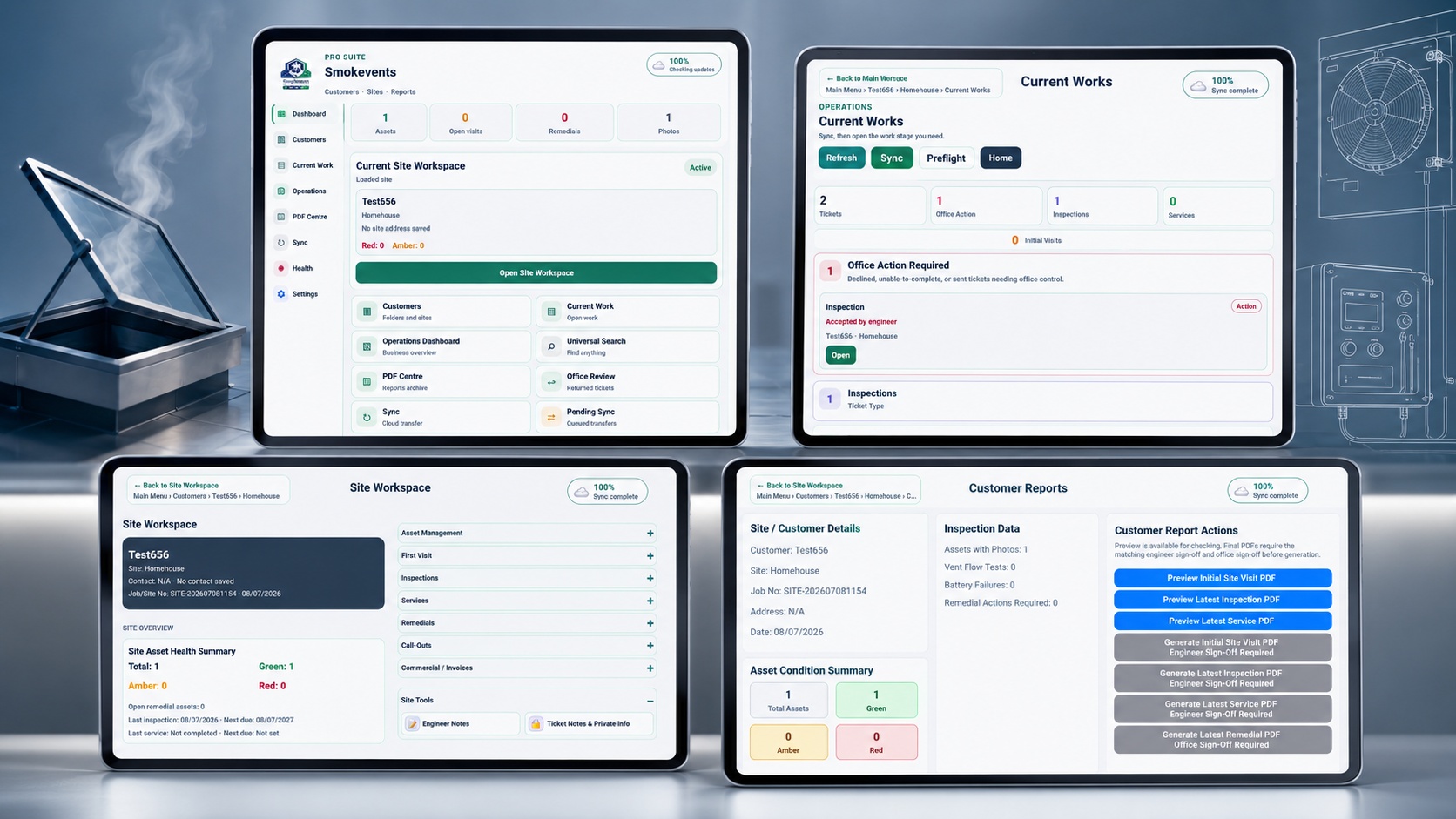 Smokevent product screens arranged in a polished product website scene